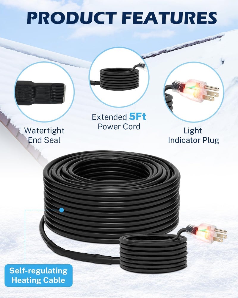 OAK LEAF 100Ft Heat Tape for Water Pipes, Self-Regulating Roof Heat Cable, Freeze Protection Heat Tape for Roof and Gutter with Light Indicator Plug & 5Ft Power Cord, 120V/ 6W/Ft - Image 3